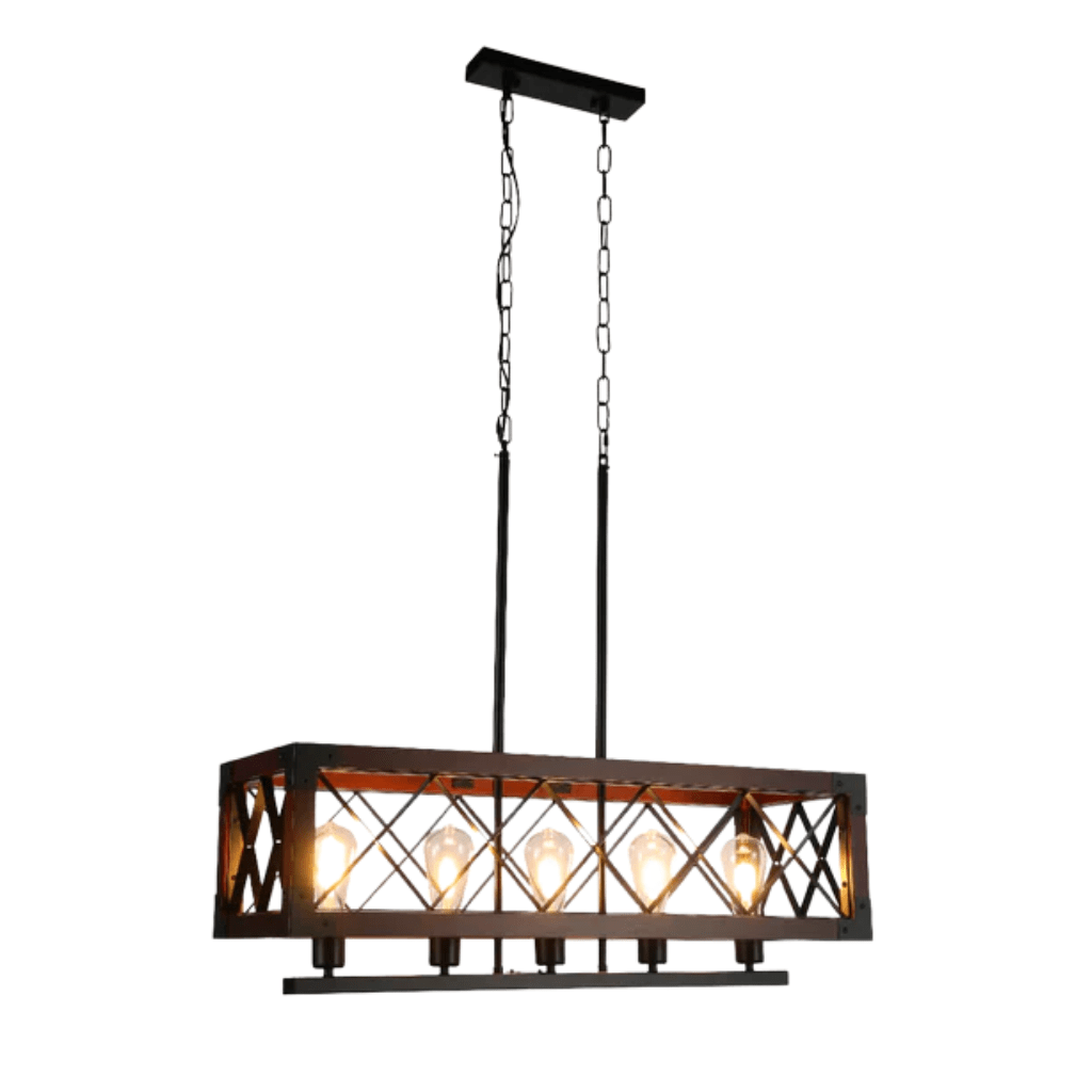 TKLD Pendant & Chandeliers Rustic Rectangular Cage Wood Accent 5-Light Chandelier