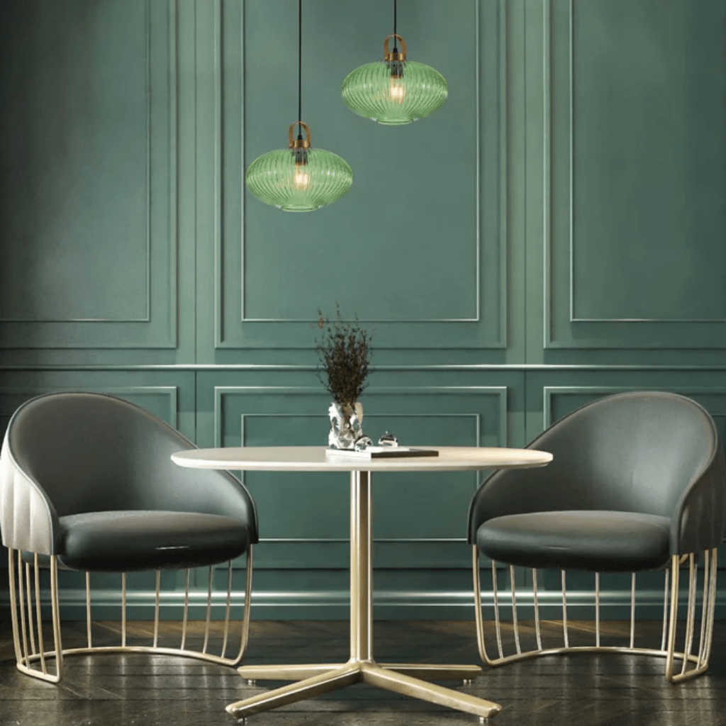 TKLD Pendant & Chandeliers Sawyer Ribbed Maloto Lantern Green Glass E27 Pendant Ceiling Light - 140mm/300mm