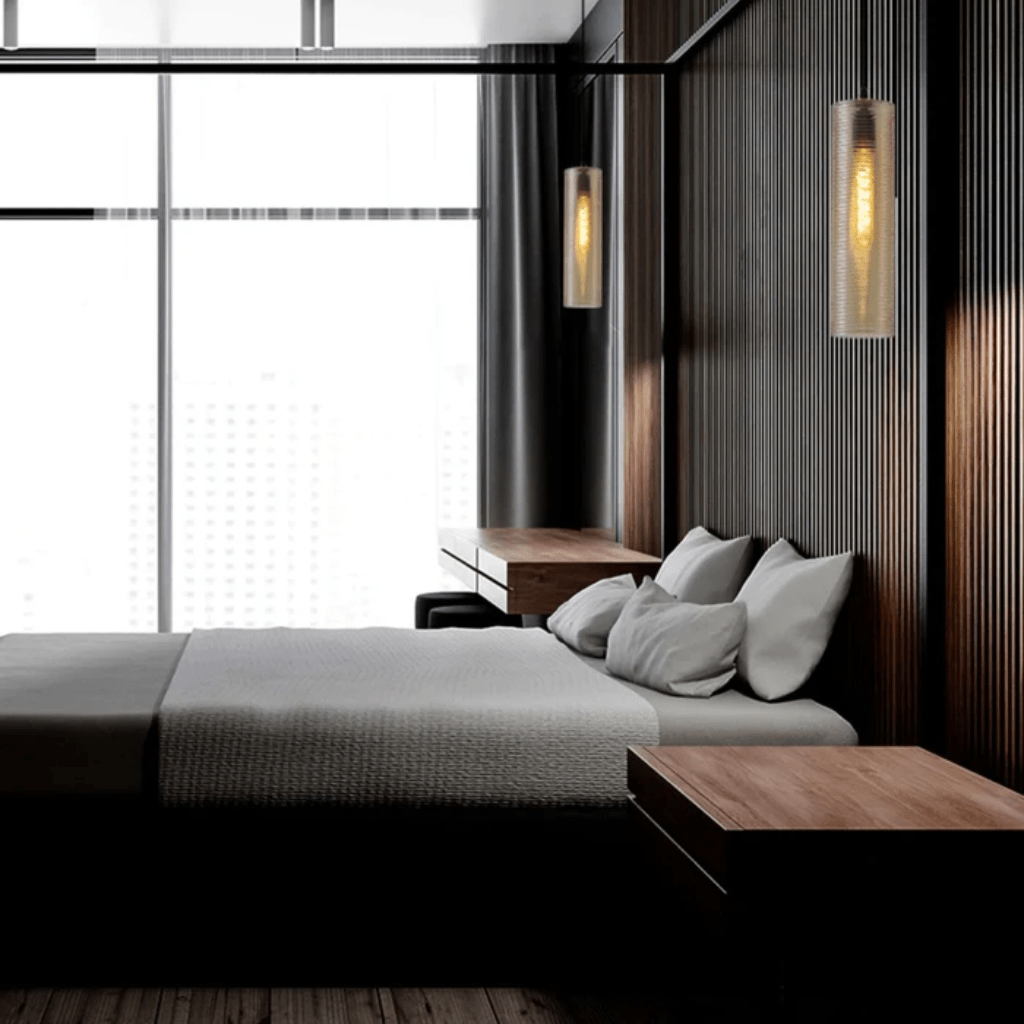 TKLD Pendant & Chandeliers Silver Reeded Cylinder Glass E27 Pendant Light Fitting