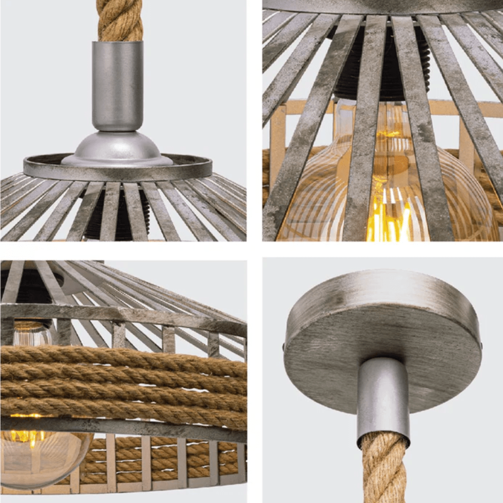 TKLD Pendant & Chandeliers Silvery Grey Metal Hemp Rope Cage E27 Pendant Ceiling Light