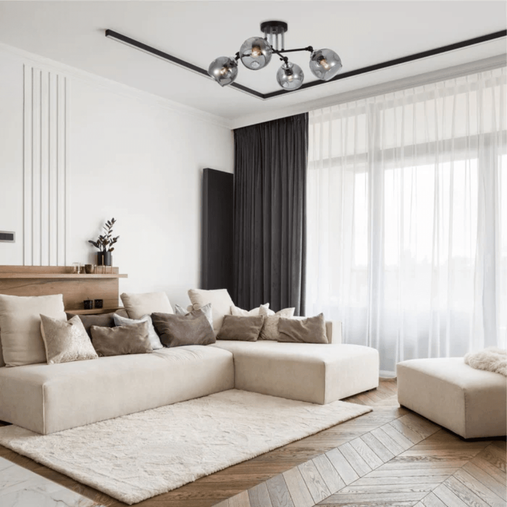 TKLD Ceiling Lights Smoky 4 Lamp Glass Black and Chrome Semi Flush Ceiling Light - 60W