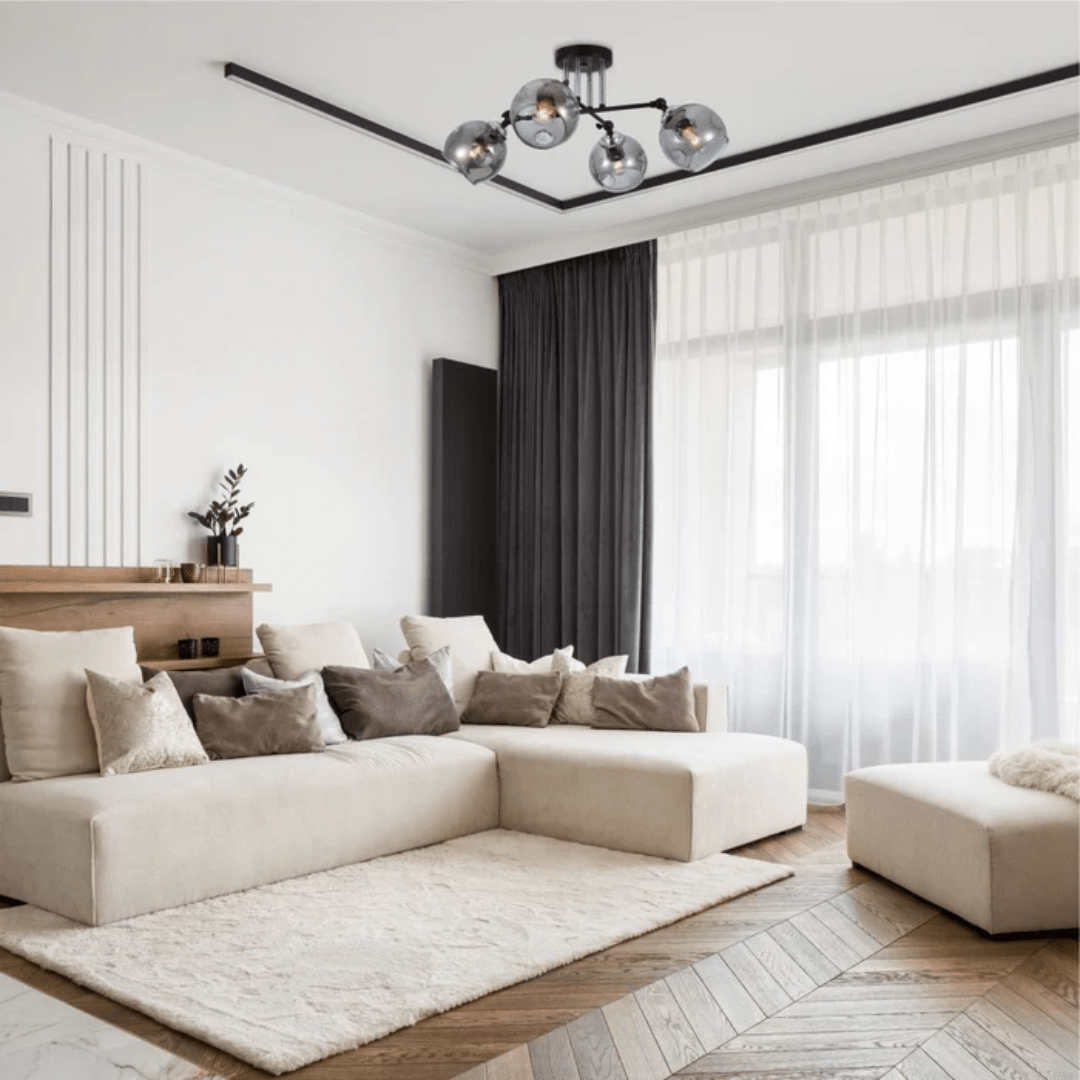 TKLD Ceiling Lights Smoky 4 Lamp Glass Black and Chrome Semi Flush Ceiling Light - 60W