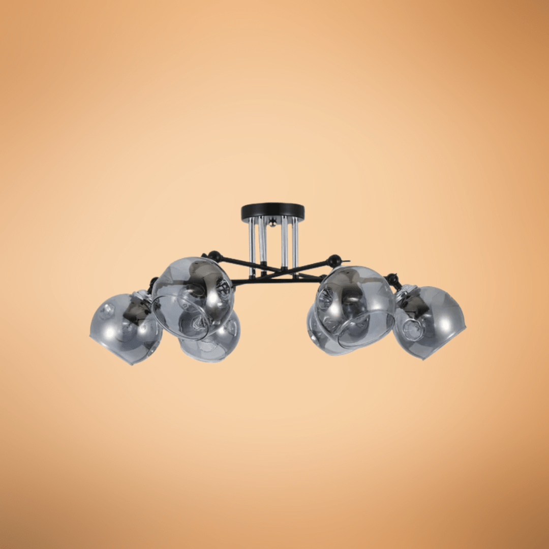 TKLD Ceiling Lights Smoky 6 Lamp Glass Black and Chrome Semi Flush Ceiling Light - 60W