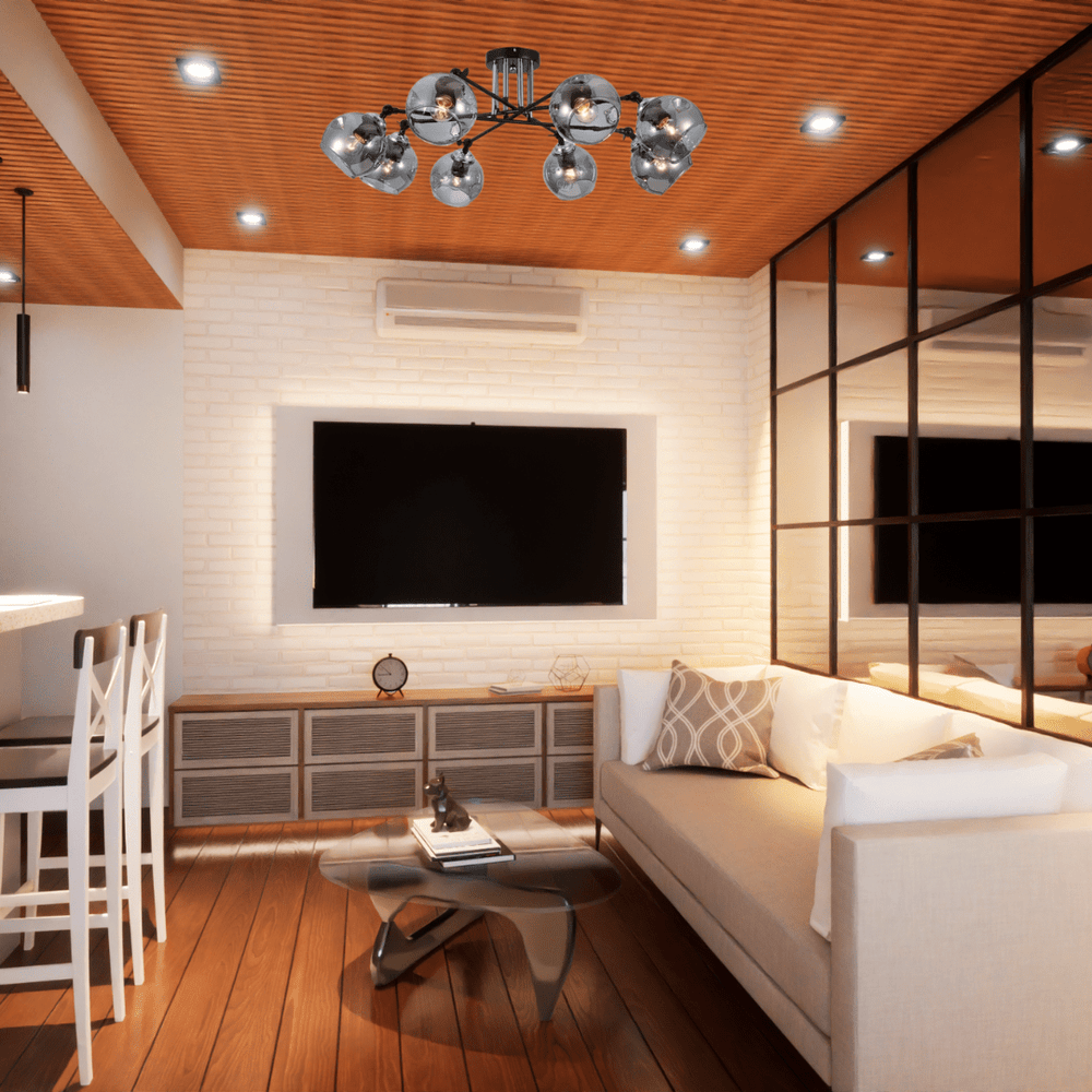 TKLD Ceiling Lights Smoky 8 Lamp Glass Black and Chrome Semi Flush Ceiling Light - 60W