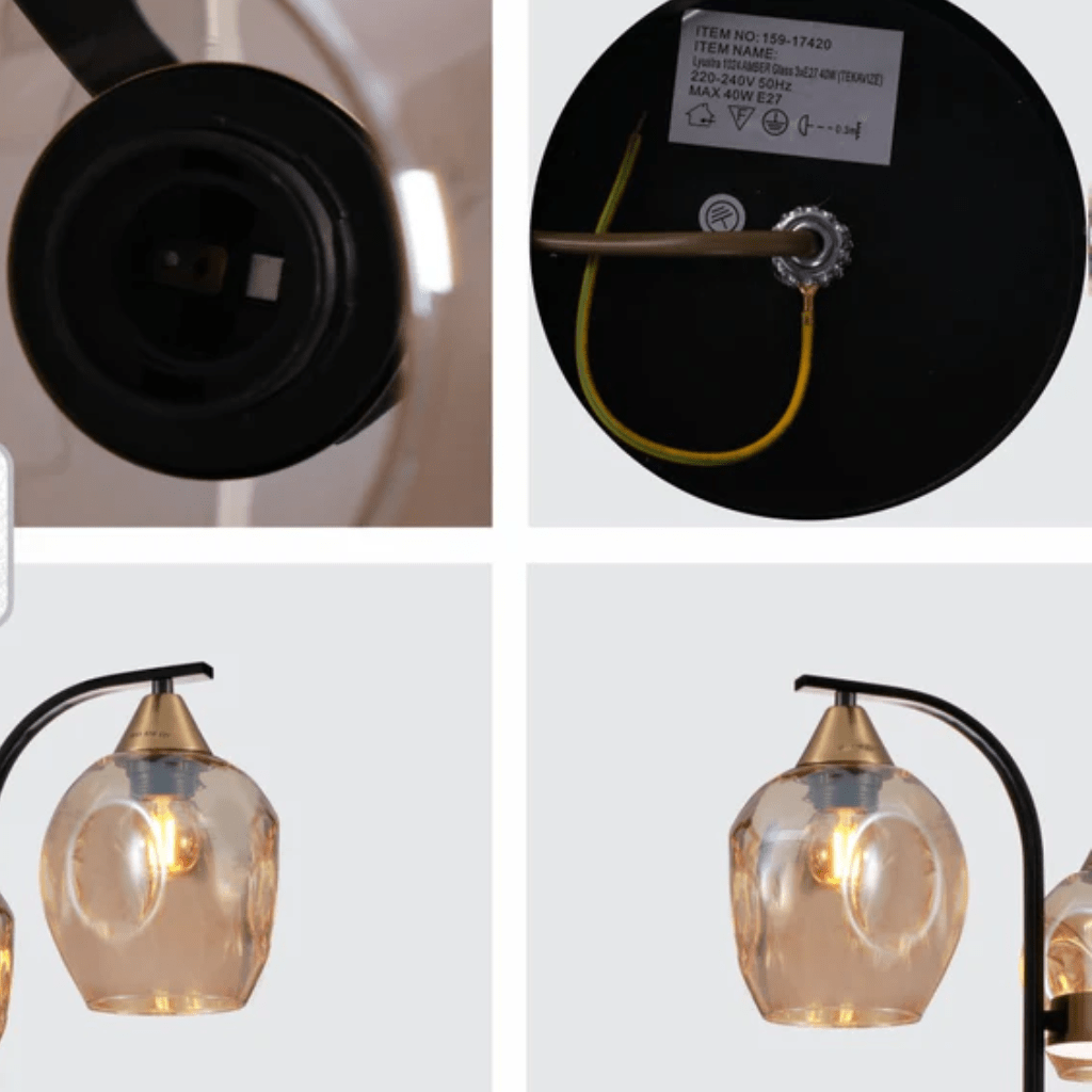 TKLD Pendant & Chandeliers Snowdrop 3 Lamp Amber Glass Black Body Semi Flush E27 Ceiling Light