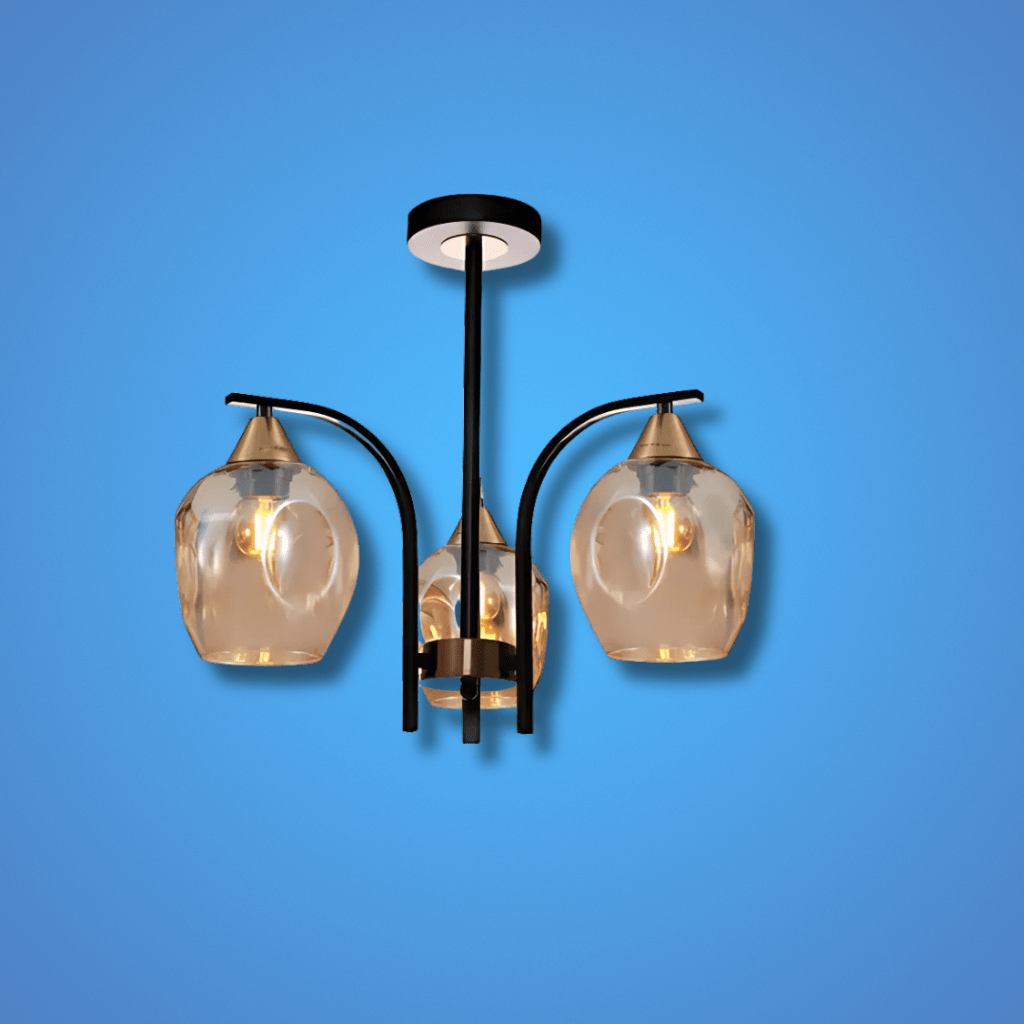 TKLD Pendant & Chandeliers Snowdrop 3 Lamp Amber Glass Black Body Semi Flush E27 Ceiling Light