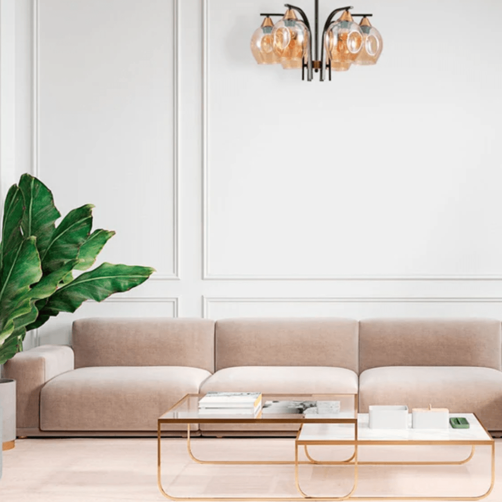 TKLD Pendant & Chandeliers Snowdrop 6 Lamp Amber Glass Black Body Semi Flush E27 Ceiling Light