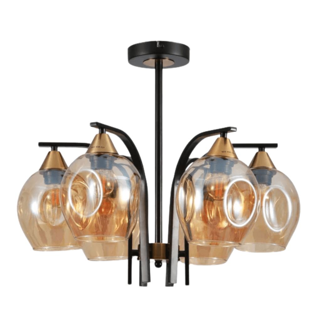 TKLD Pendant & Chandeliers Snowdrop 6 Lamp Amber Glass Black Body Semi Flush E27 Ceiling Light