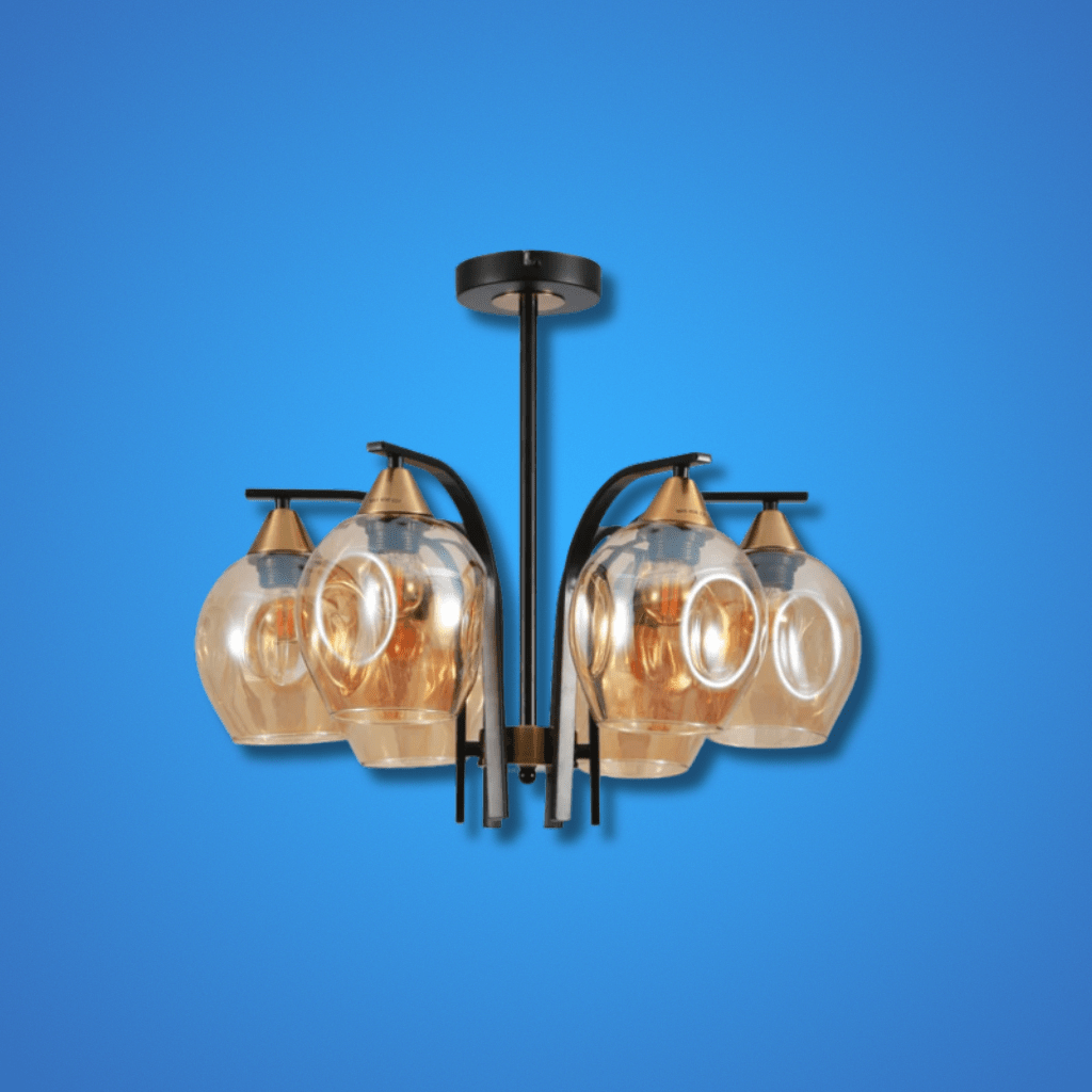 TKLD Pendant & Chandeliers Snowdrop 6 Lamp Amber Glass Black Body Semi Flush E27 Ceiling Light