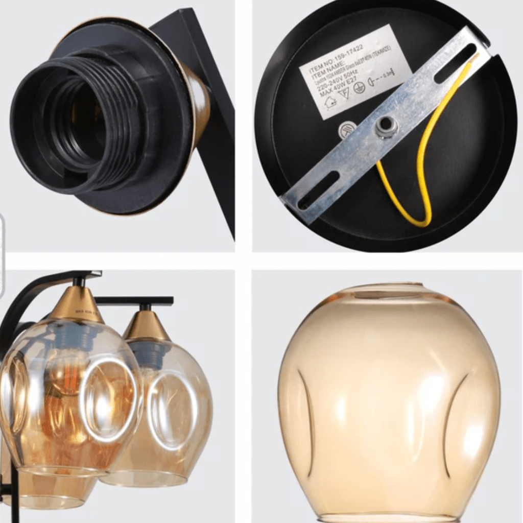 TKLD Pendant & Chandeliers Snowdrop 6 Lamp Amber Glass Black Body Semi Flush E27 Ceiling Light