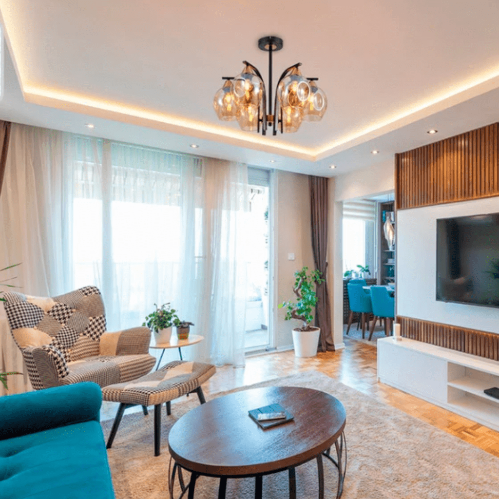 TKLD Pendant & Chandeliers Snowdrop 6 Lamp Amber Glass Black Body Semi Flush E27 Ceiling Light