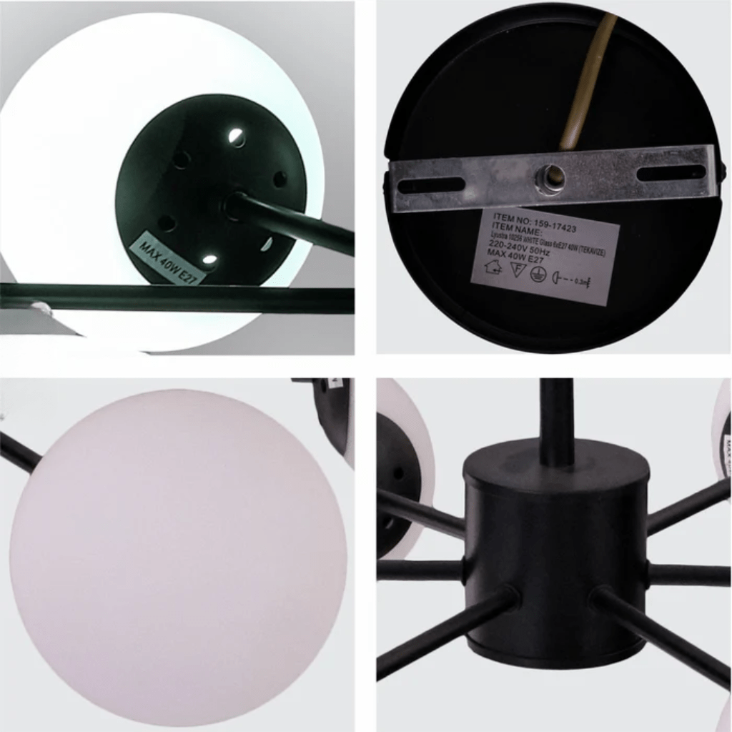 TKLD Pendant & Chandeliers Snowflake Opal Globe Glass Black Body Ceiling Light E27 - 6 Lamps