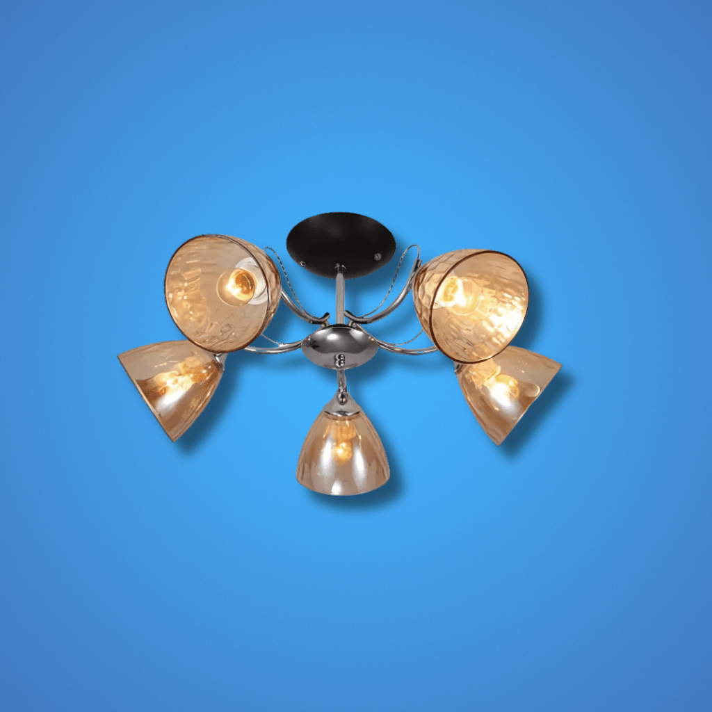 TKLD Pendant & Chandeliers Textured 5 Lamp Clear Cone Glass Chrome Semi Flush Ceiling Light