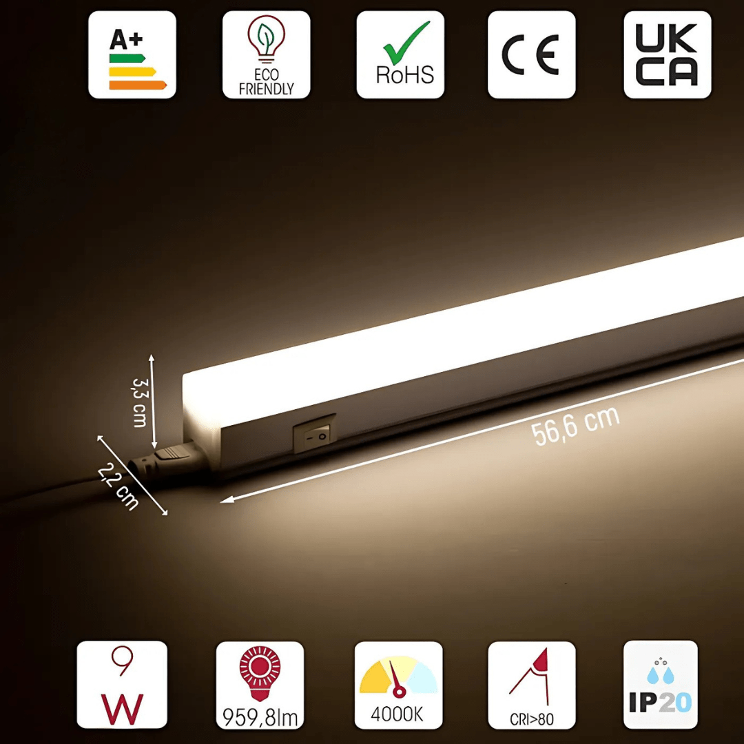 TKLD Ceiling Lights Under Cabinet 9W 2ft LED Link Light IP20 4000K With Switch - 566mm