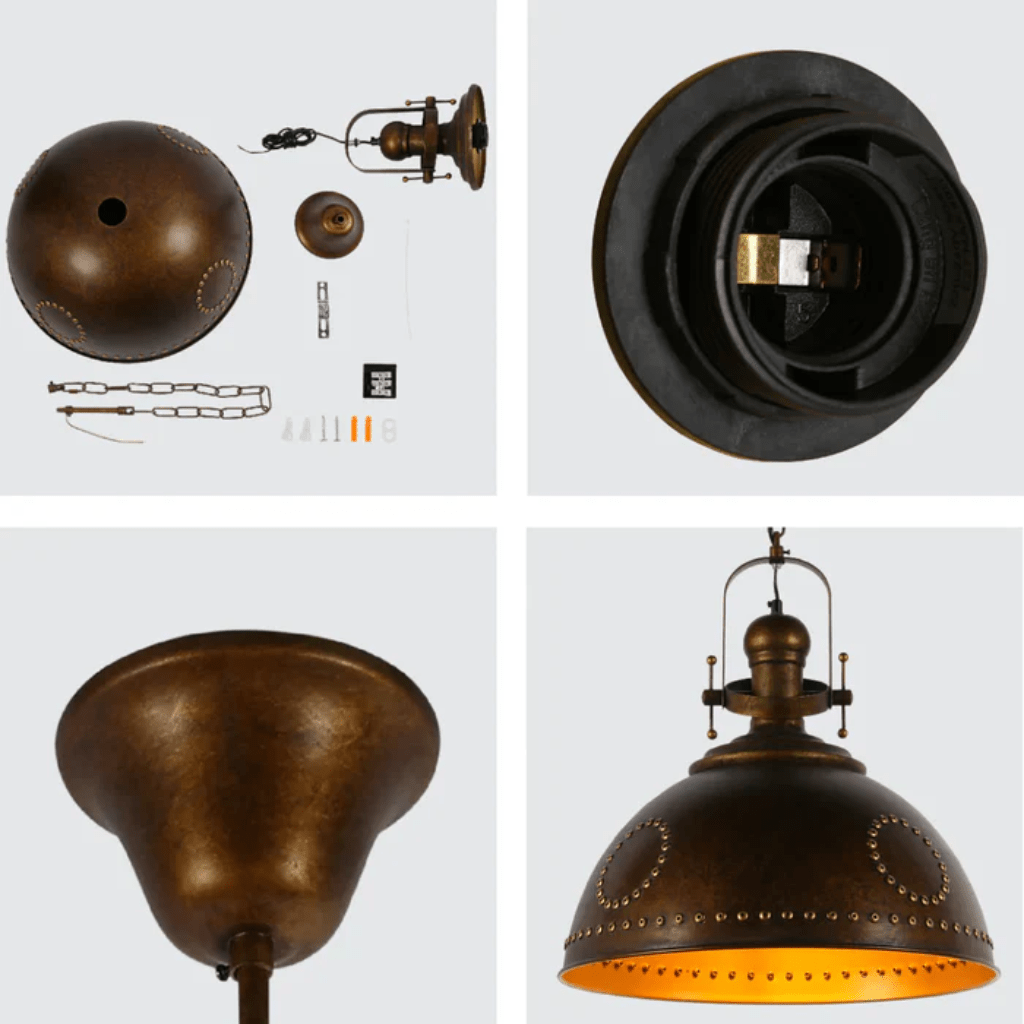 TKLD Pendant & Chandeliers Vintage Industrial Dome Pendant Light with Rivet Detailing