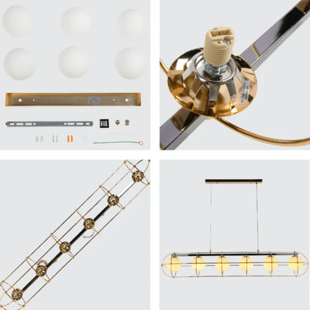 TKLD Pendant & Chandeliers Vintage-Modern Linear Orb G9 Chandelier with Geometric Gold Detailing