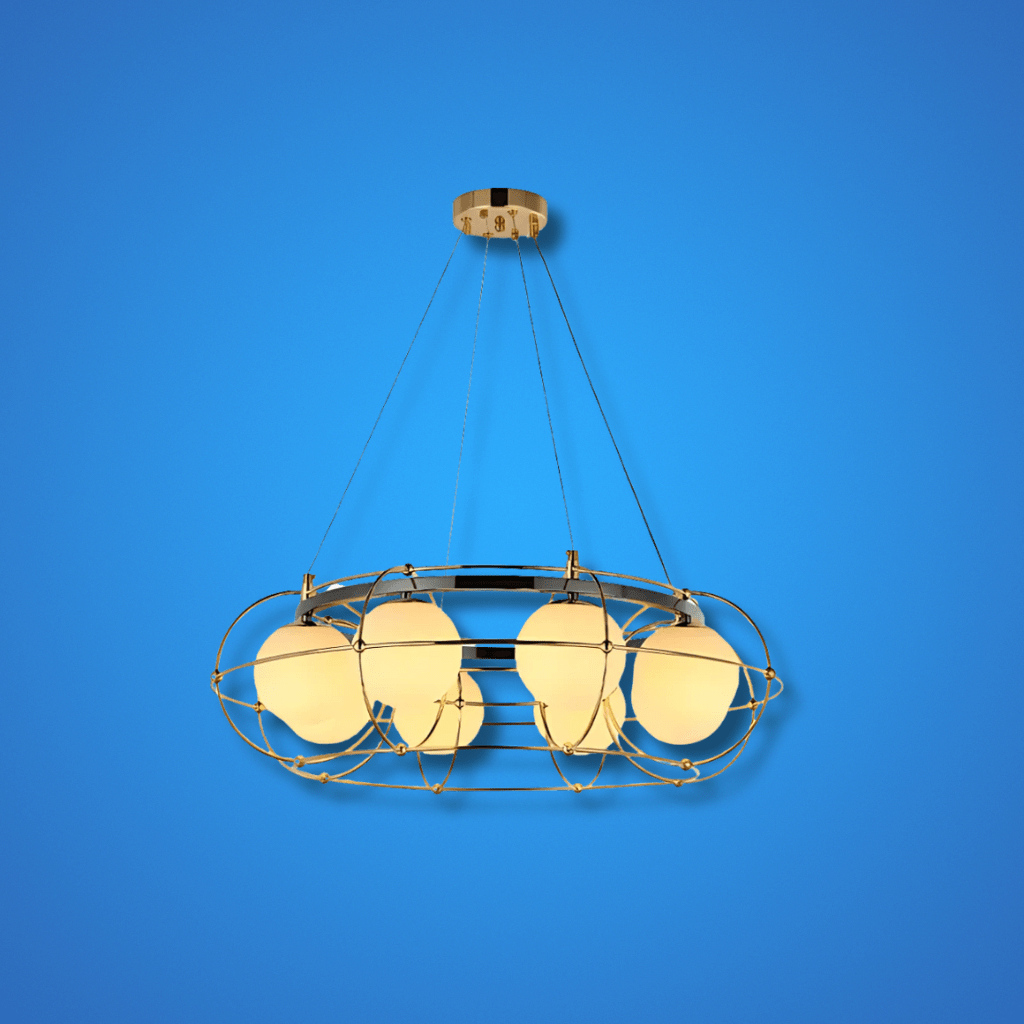 TKLD Pendant & Chandeliers Vintage-Modern Round Orb G9 Chandelier with Geometric Gold Detailing