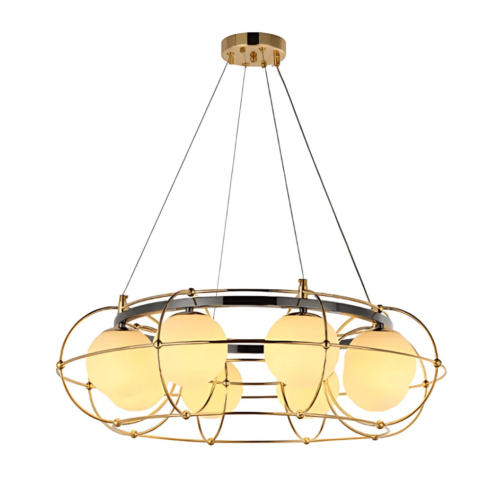 TKLD Pendant & Chandeliers Vintage-Modern Round Orb G9 Chandelier with Geometric Gold Detailing