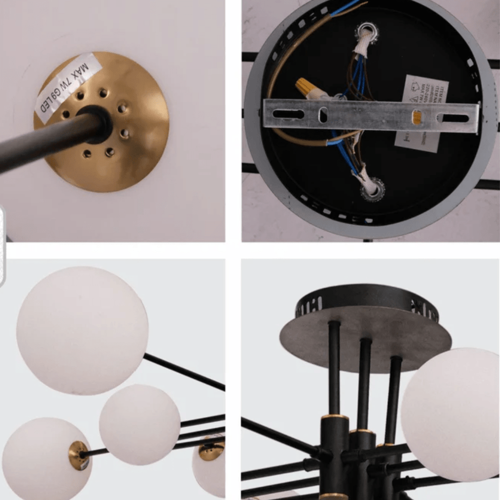 TKLD Pendant & Chandeliers White Globe Glass Black Rod Body Semi Flush 8xG9 Ceiling Light