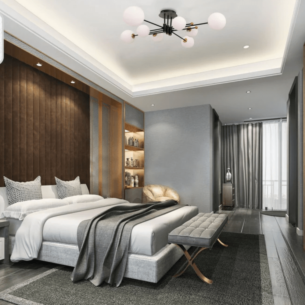 TKLD Pendant & Chandeliers White Globe Glass Black Rod Body Semi Flush 8xG9 Ceiling Light