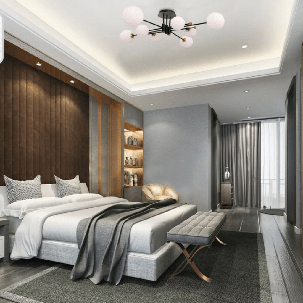 TKLD Pendant & Chandeliers White Globe Glass Black Rod Body Semi Flush 8xG9 Ceiling Light