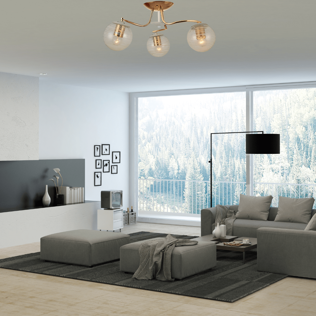 TKLD Ceiling Lights White Striped 3 Lamp Clear Globe Gold Semi Flush Ceiling Light - 40W