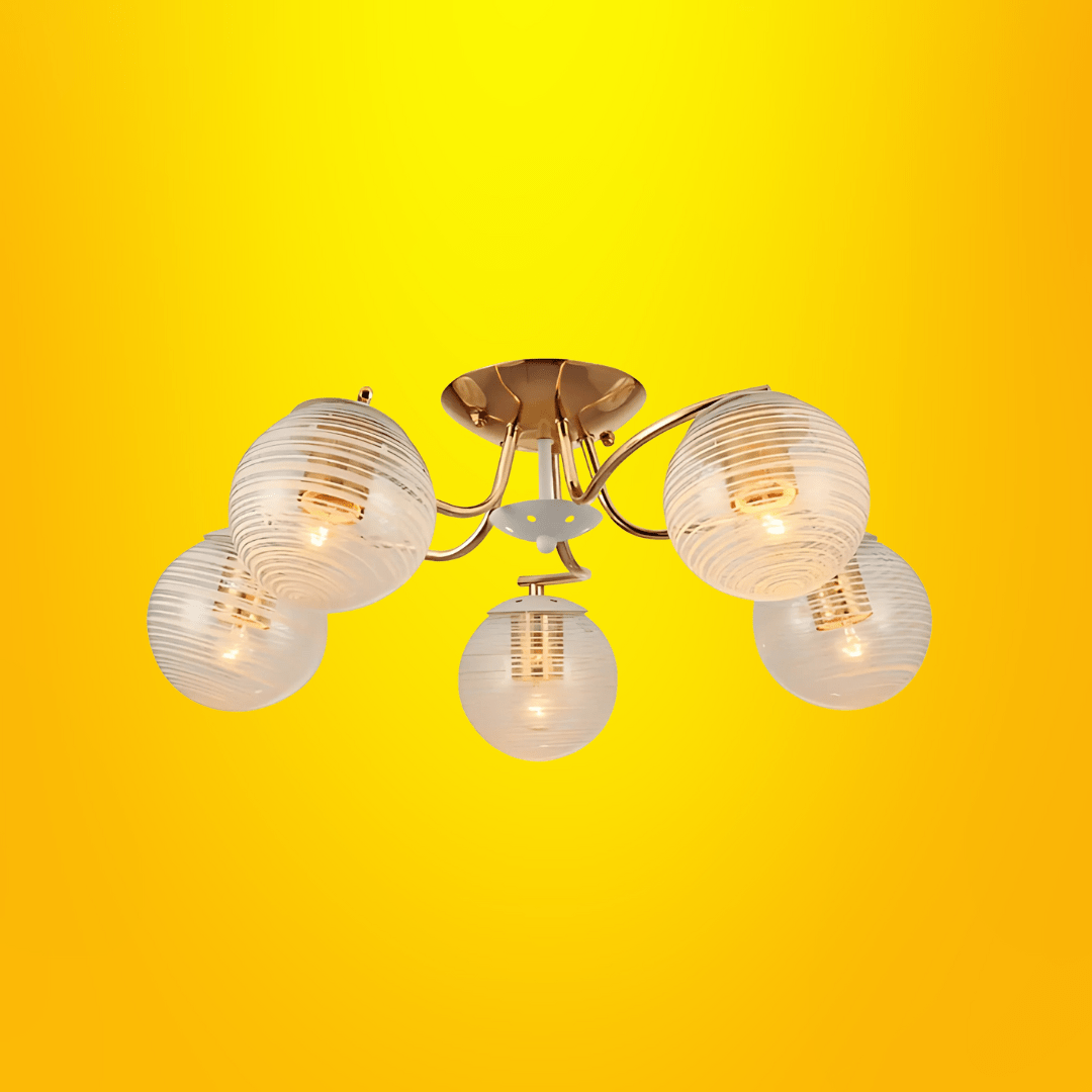 TKLD Ceiling Lights White Striped 5 Lamp Clear Globe Gold Semi Flush Ceiling Light - 40W