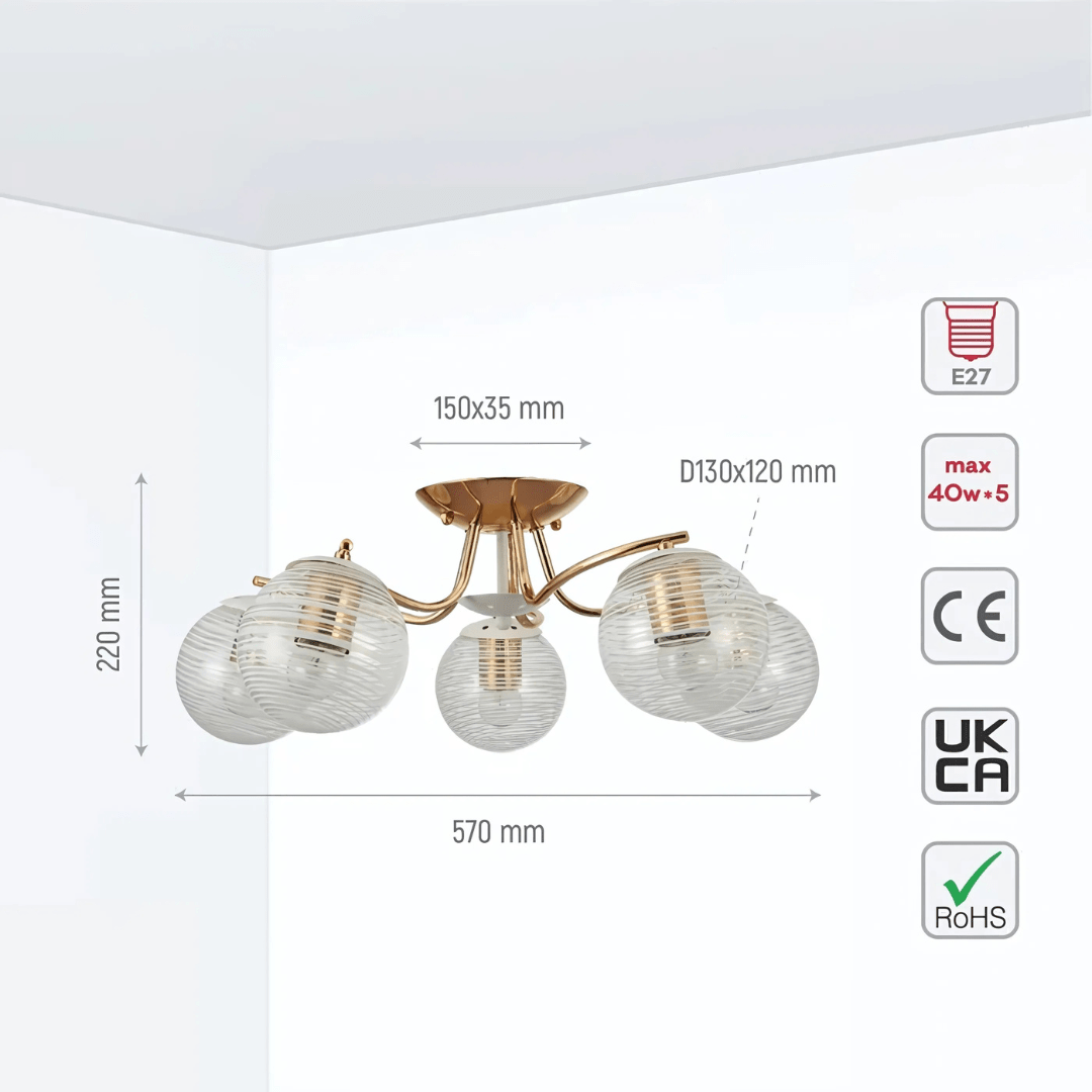 TKLD Ceiling Lights White Striped 5 Lamp Clear Globe Gold Semi Flush Ceiling Light - 40W