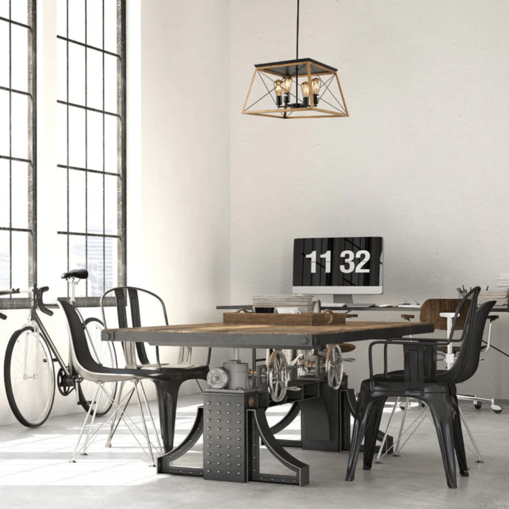 TKLD Pendant & Chandeliers Wood And Black Caged Candle Retro Square Pendant Ceiling Light 4xE27