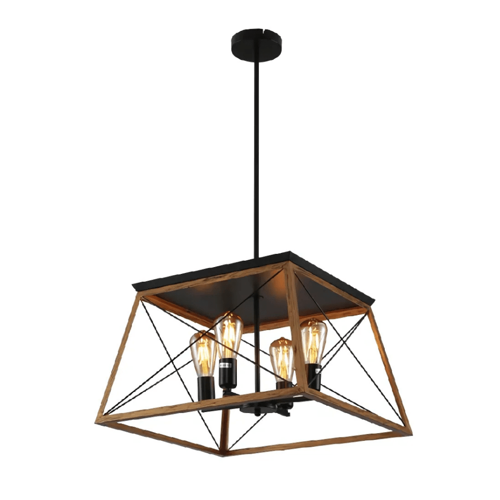 TKLD Pendant & Chandeliers Wood And Black Caged Candle Retro Square Pendant Ceiling Light 4xE27