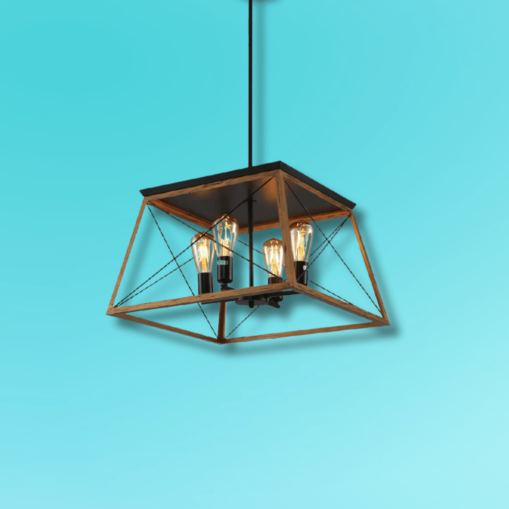 TKLD Pendant & Chandeliers Wood And Black Caged Candle Retro Square Pendant Ceiling Light 4xE27