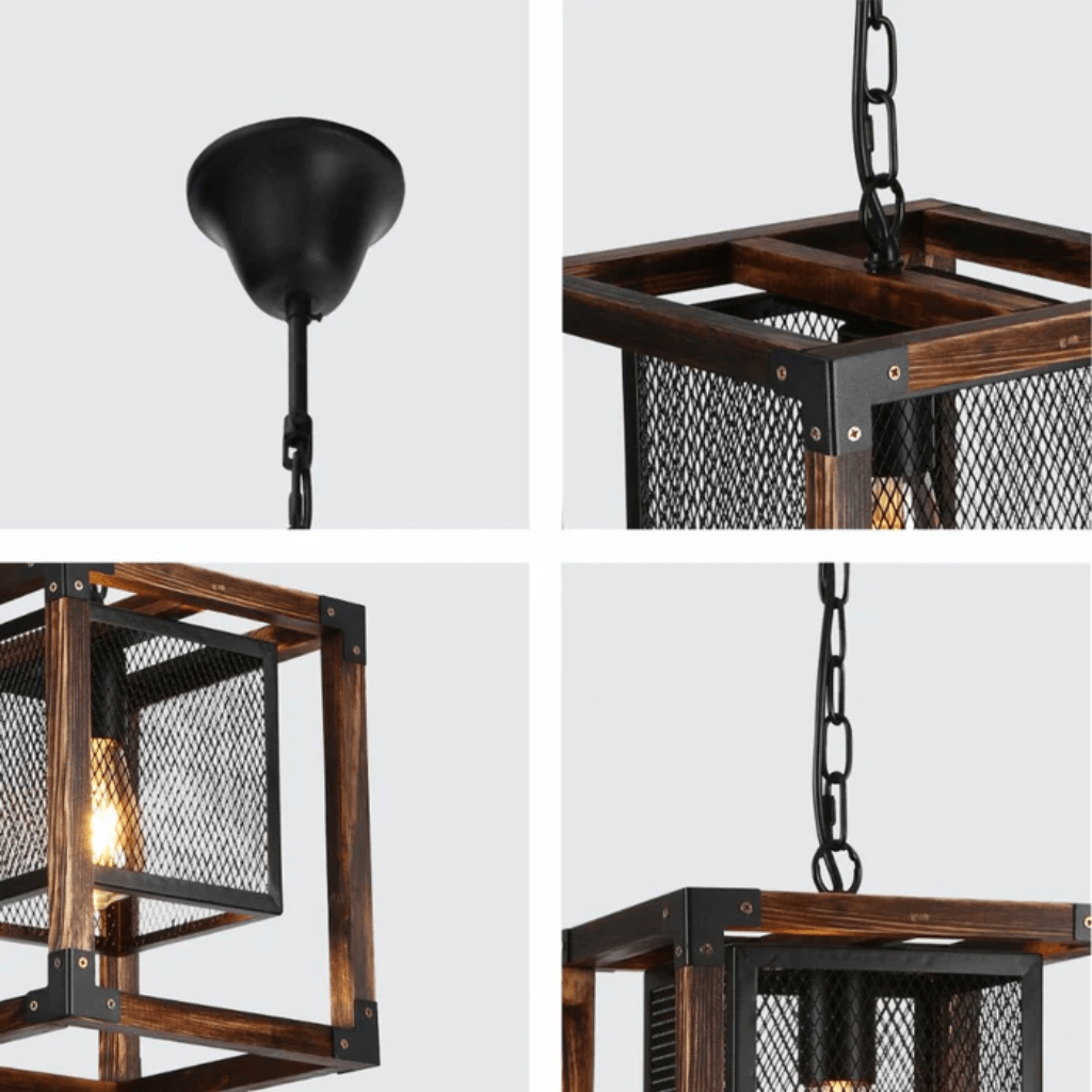 TKLD Pendant & Chandeliers Wood Cube Black Cage Lantern Rustic Pendant Ceiling Light E27