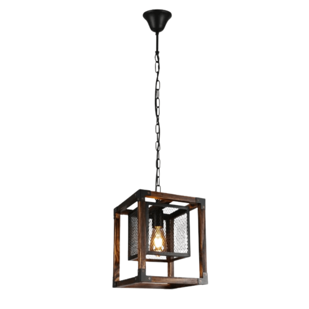 TKLD Pendant & Chandeliers Wood Cube Black Cage Lantern Rustic Pendant Ceiling Light E27