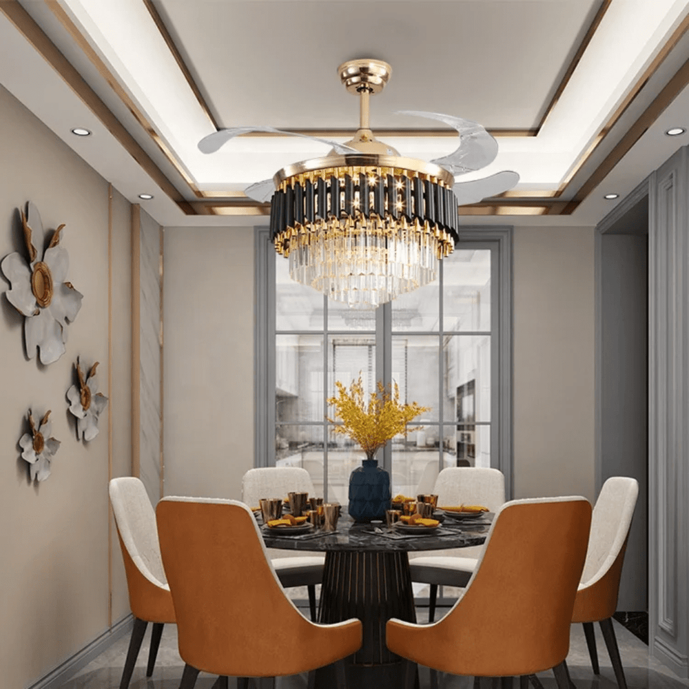 Toplight Ceiling Lights Golden Crystal Chandelier Ceiling Fan Light 72W With Remote Control - ESC-513B