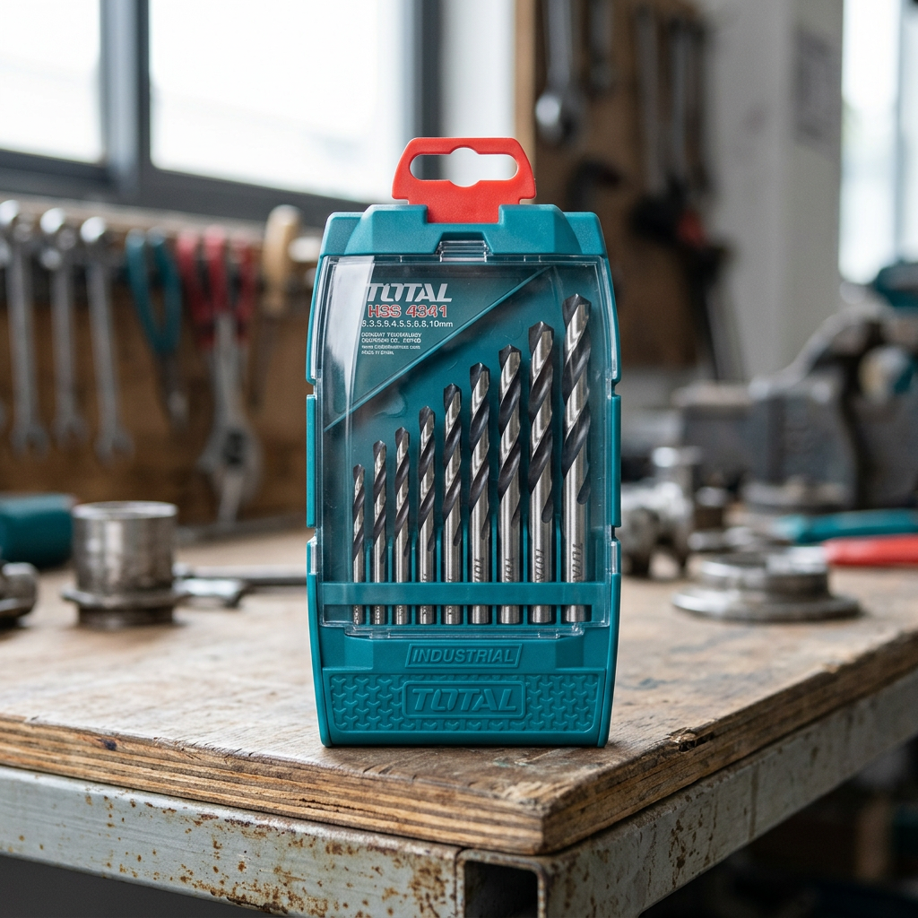 Total drill bit set on a workshop bench
