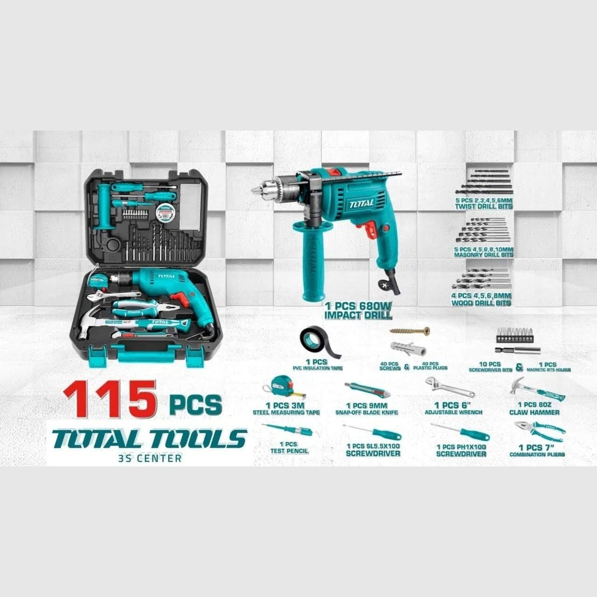 Total Tool Set Total 115 Pieces Tool Set with 680W Hammer Impact Drill - THKTHP1152