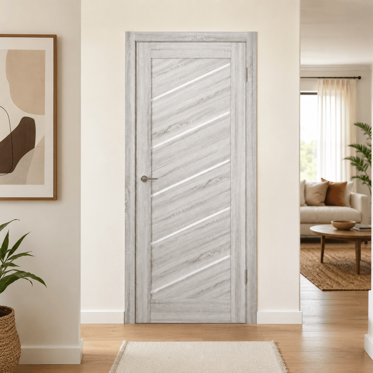 Unidoors Interior Doors Unidoors Modern Diagonal Glass-Stripe Interior Door with Handle, Lock & 5 Keys - MD03
