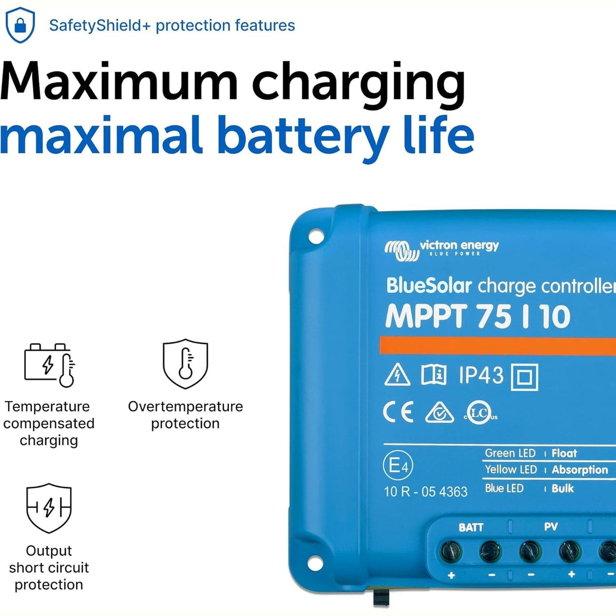 Victron Charge Controllers Victron Energy BlueSolar MPPT 10 A, 75V, for 12/24V Batteries Solar Charge Controller - SCC010010050R