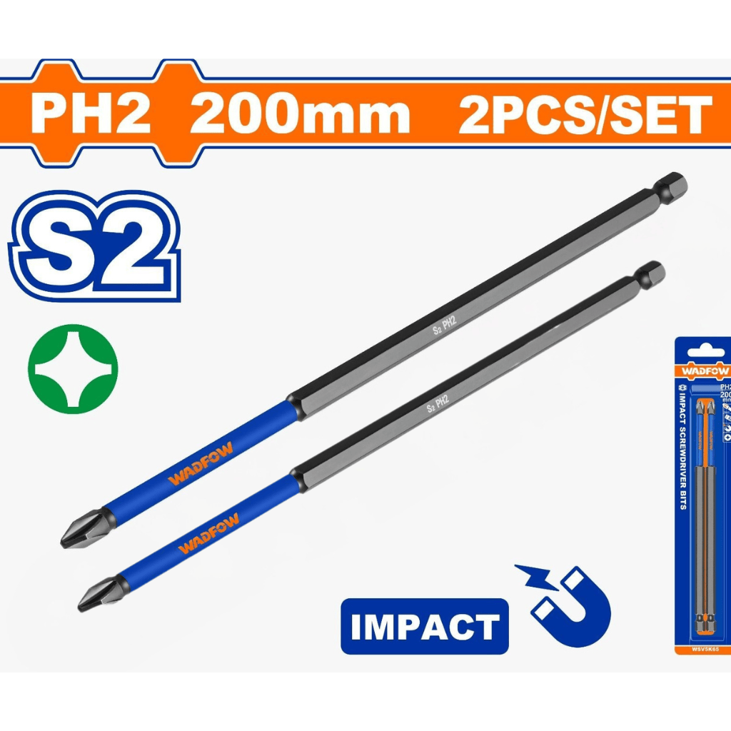 Wadfow Screwdriver Bits Wadfow 2-Piece Impact Screwdriver Bits (PH2 x 200mm) - WSV5K65