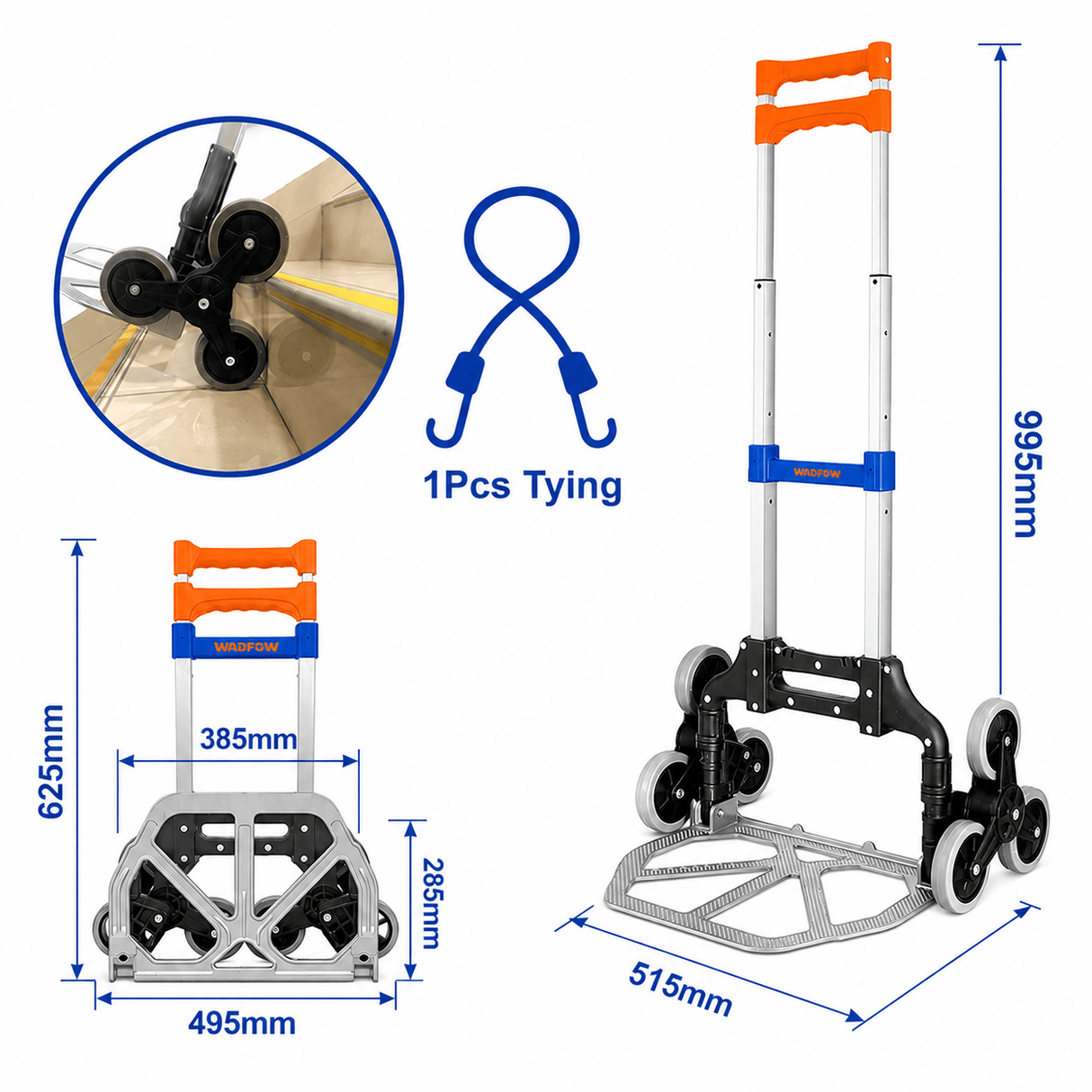 Wadfow Lifting & Workshop Equipment Wadfow 60kg Aluminium 6-Wheel Stair-Climbing Foldable Hand Truck with Elastic Bungee Cord - WWB6A06