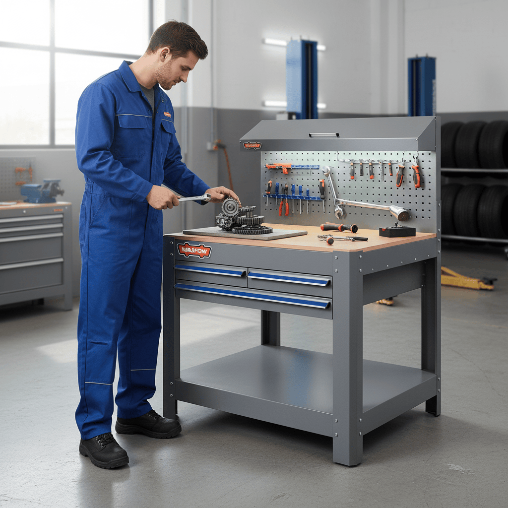 Wadfow Workshop Work Bench Wadfow Heavy-Duty Work Bench with 3 Drawers, Steel Frame & Pegboard - WCS5A05