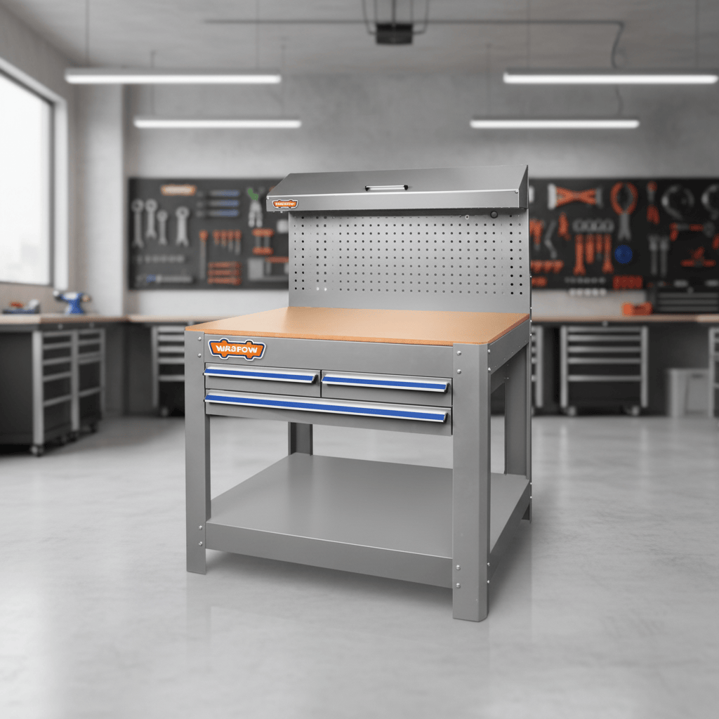 Wadfow Workshop Work Bench Wadfow Heavy-Duty Work Bench with 3 Drawers, Steel Frame & Pegboard - WCS5A05