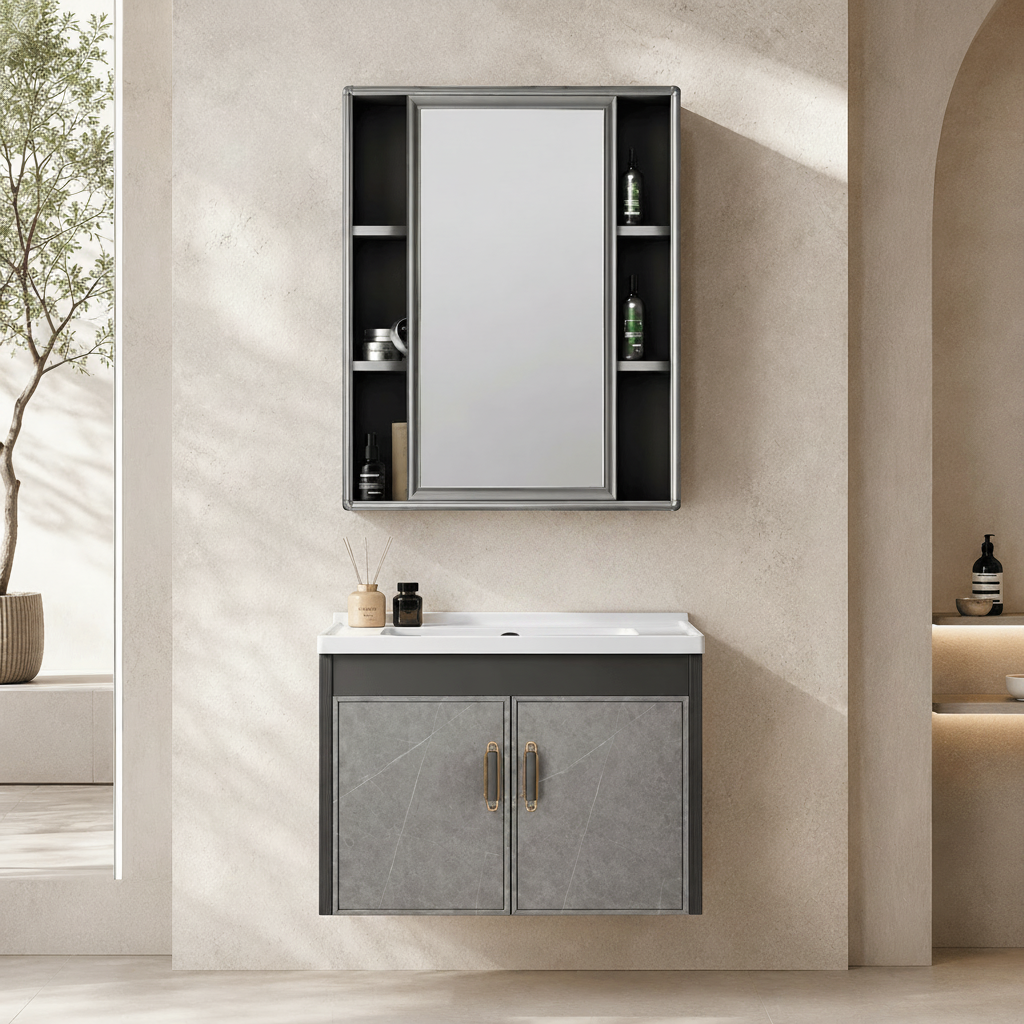 Wahkit Bathroom Vanity & Cabinets Wahkit Charcoal Grey PVC Bathroom Vanity with Marble-Look Doors and Mirror 600mm - K-9322