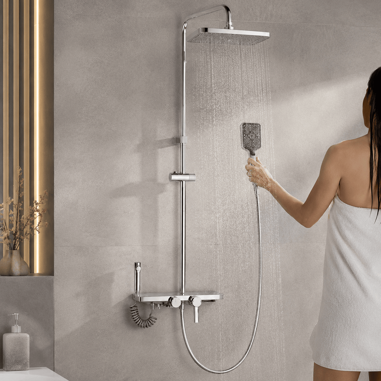 Wahkit Shower Set & Head Wahkit Chrome Wall Mounted Four-Function Square Rain Shower Set - K-8849