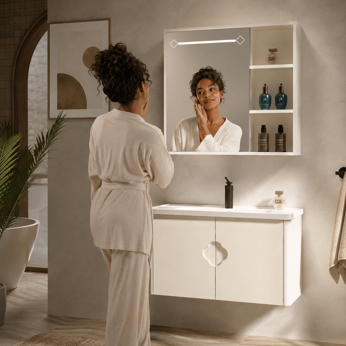 Wahkit Bathroom Vanity & Cabinets Wahkit Cream Marble PVC Bathroom Vanity with Smart Mirror 600mm - K-9742AC
