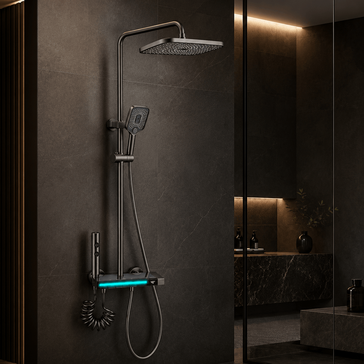 Wahkit Shower Set & Head Wahkit Dark Gunmetal Wall Mounted Rain Shower System with Square Head and Shelf Mixer Bar - K-8895Q