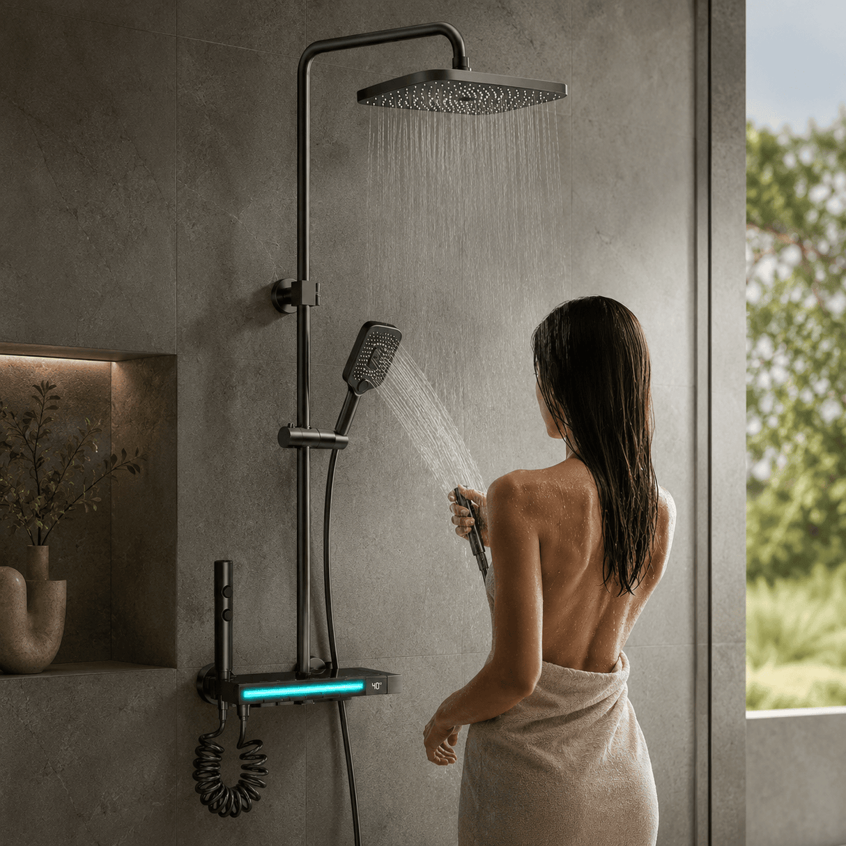 Wahkit Shower Set & Head Wahkit Dark Gunmetal Wall Mounted Rain Shower System with Square Head and Shelf Mixer Bar - K-8895Q