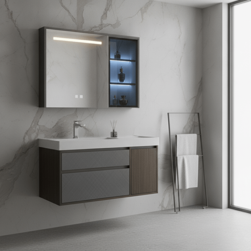 Wahkit Bathroom Vanity & Cabinets Wahkit Dark Wood Plywood Bathroom Vanity with Basin and Smart Mirror 1000mm - K-9055A