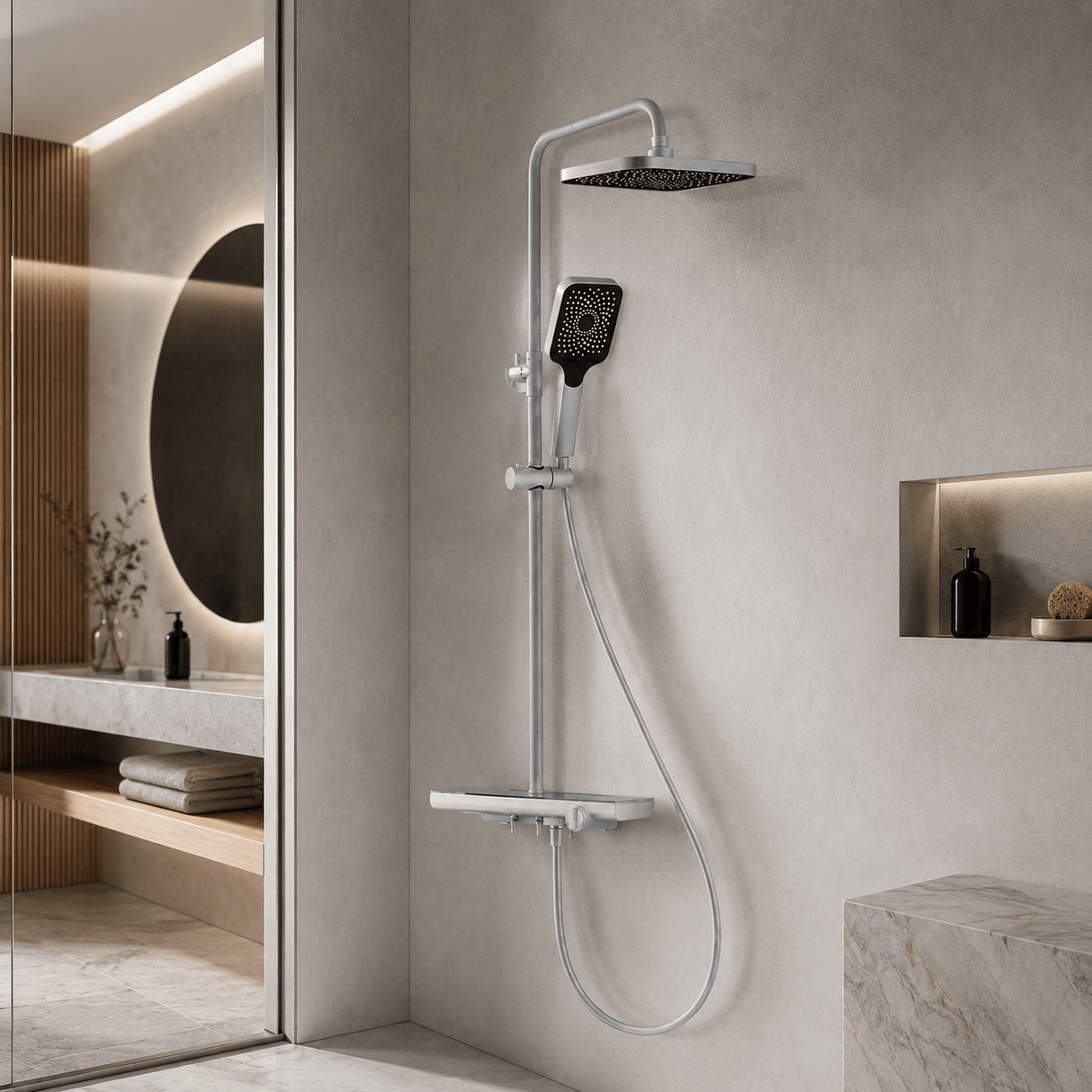 Wahkit Shower Set & Head Wahkit Elegant White Shelf Bar Wall Mounted Shower System in ABS and PPA - K-8854W