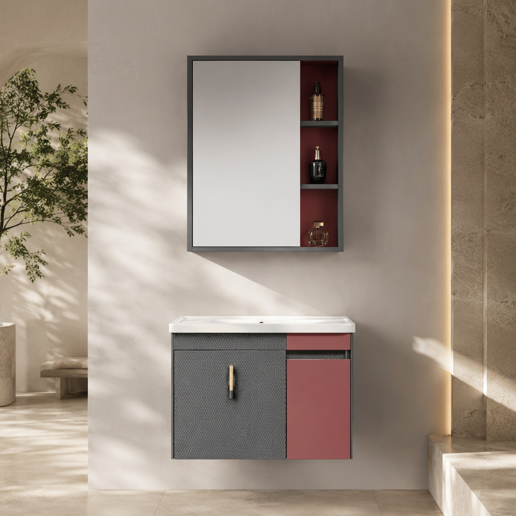 Wahkit Bathroom Vanity & Cabinets Wahkit Grey and Red Accent PVC Bathroom Vanity with Mirror 600mm - K-9621